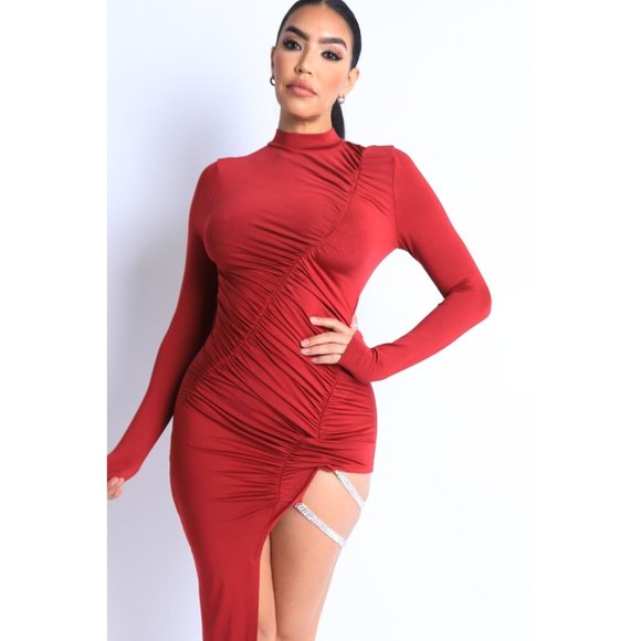 Women Asymmetric Ruched Rhinestones Double Strapped Long sleeve Dress Club Party - Picture 5 of 11